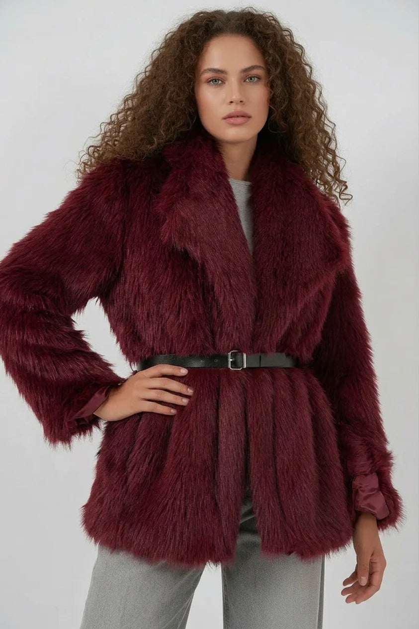 Kadın Geniş Yaka Kuşaklı Kürklü Oversize Bordo Kaban