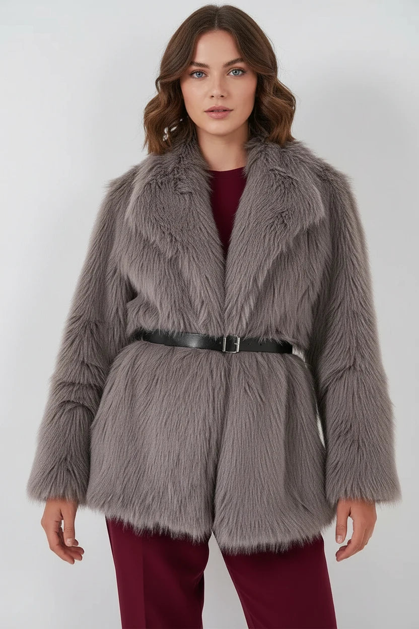 Kadın Geniş Yaka Kemerli Kürklü Oversize Kaban
