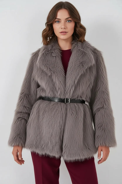 Kadın Geniş Yaka Kemerli Kürklü Oversize Kaban