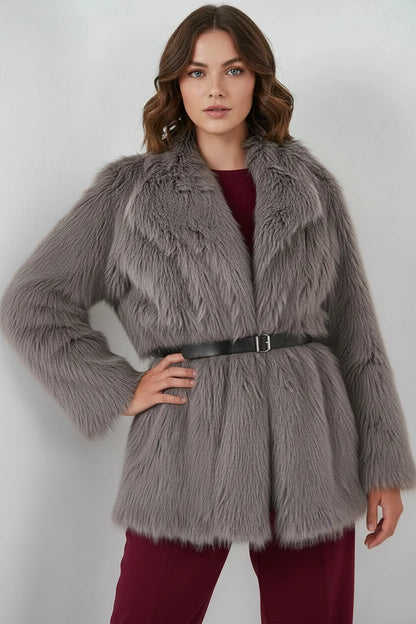 Kadın Geniş Yaka Kemerli Kürklü Oversize Kaban