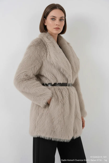Kadın Geniş Yaka Kemerli Kürklü Oversize Kaban
