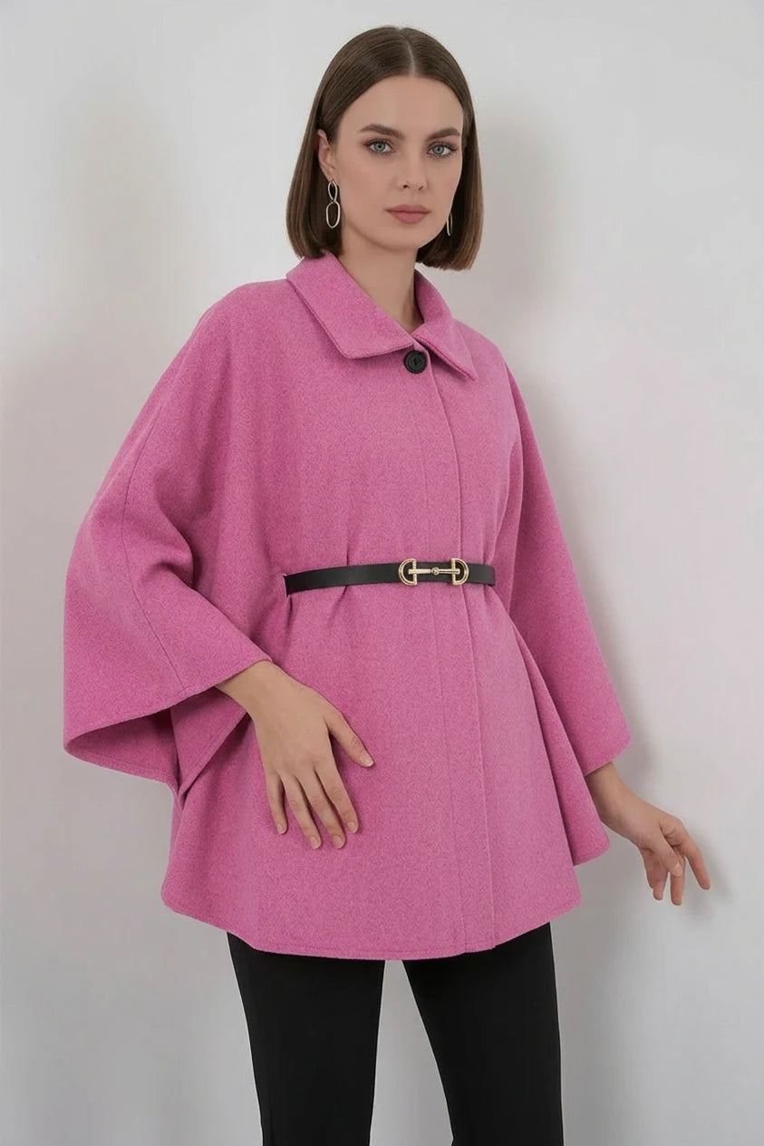 Kadın Gömlek Yaka Kuşaklı Kemerli Pamuklu Pembe Panço
