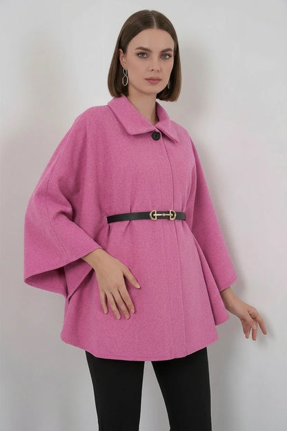 Kadın Gömlek Yaka Kuşaklı Kemerli Pamuklu Pembe Panço