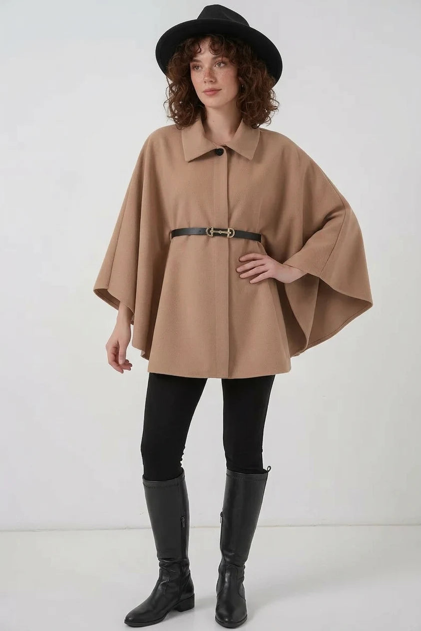Kadın Gömlek Yaka Kemerli Pamuklu Camel Panço