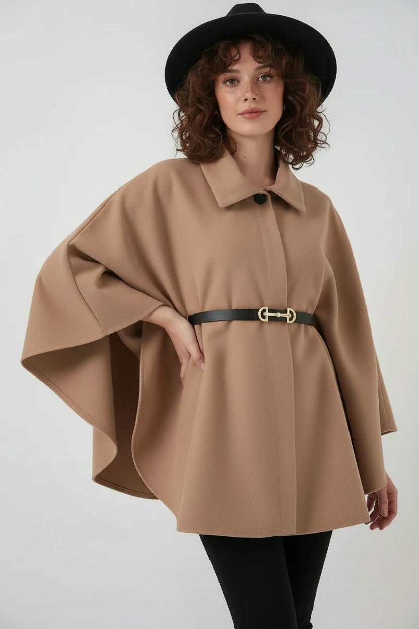 Kadın Gömlek Yaka Kemerli Pamuklu Camel Panço
