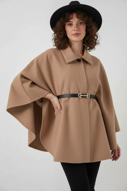 Kadın Gömlek Yaka Kemerli Pamuklu Camel Panço