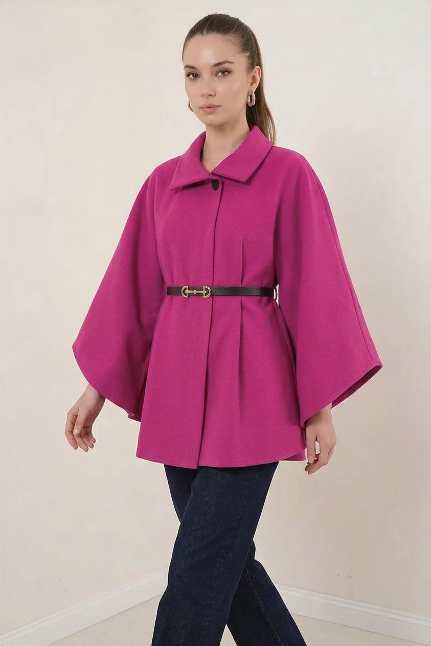 Kadın Gömlek Yaka Kemerli Pamuklu Koyu Pembe Panço