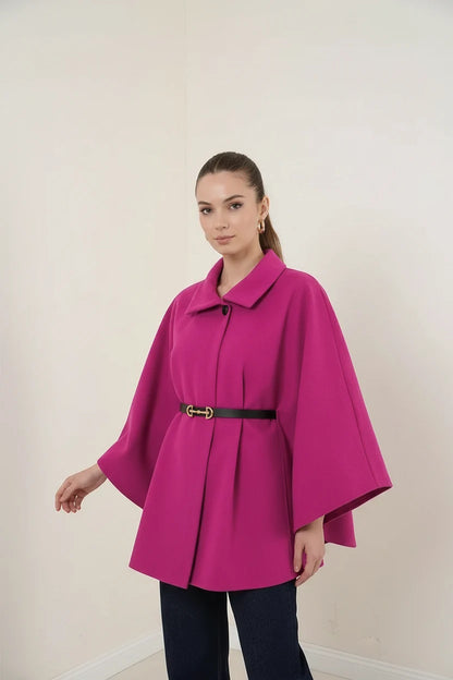 Kadın Gömlek Yaka Kemerli Pamuklu Koyu Pembe Panço