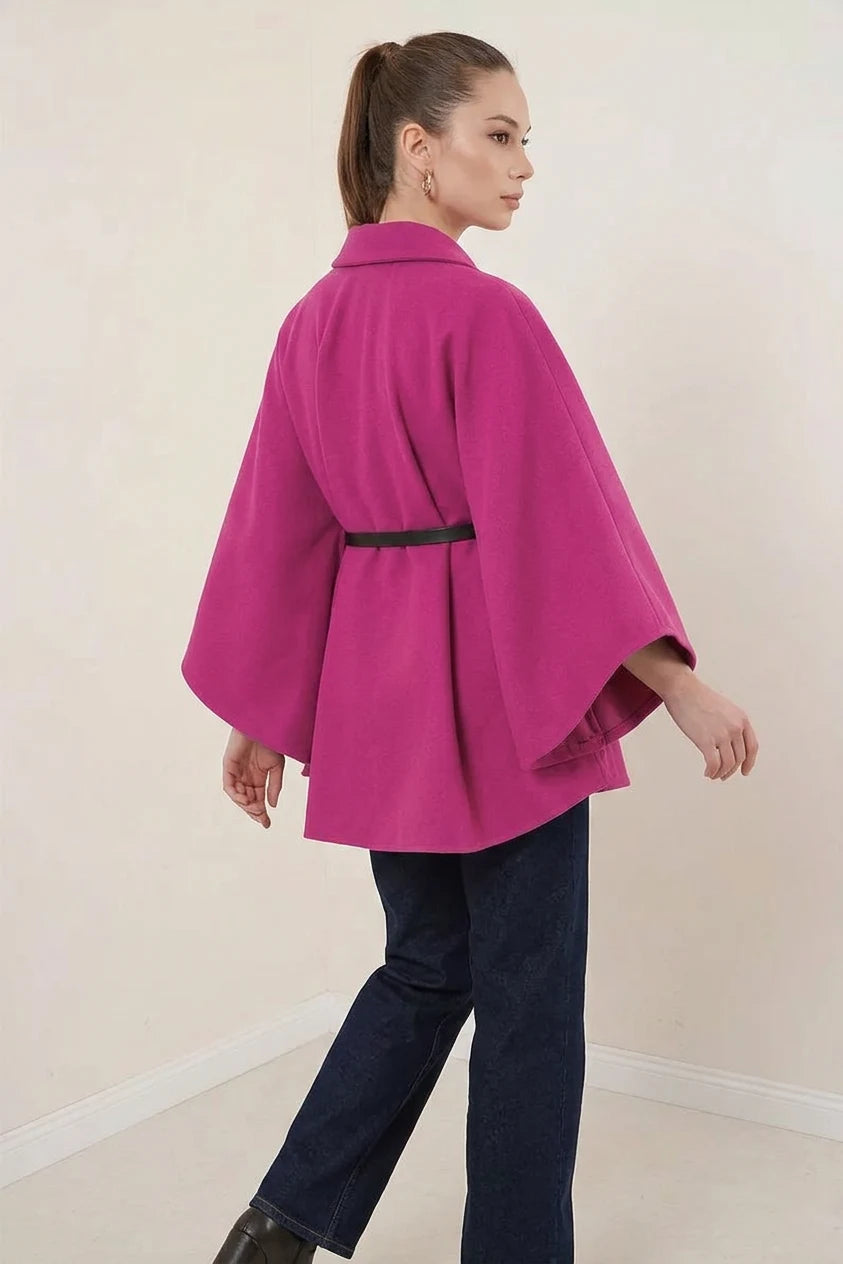 Kadın Gömlek Yaka Kemerli Pamuklu Koyu Pembe Panço