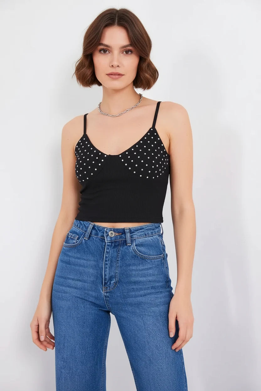 Kadın Askılı Noktalı Desen Pamuklu Siyah Crop Top