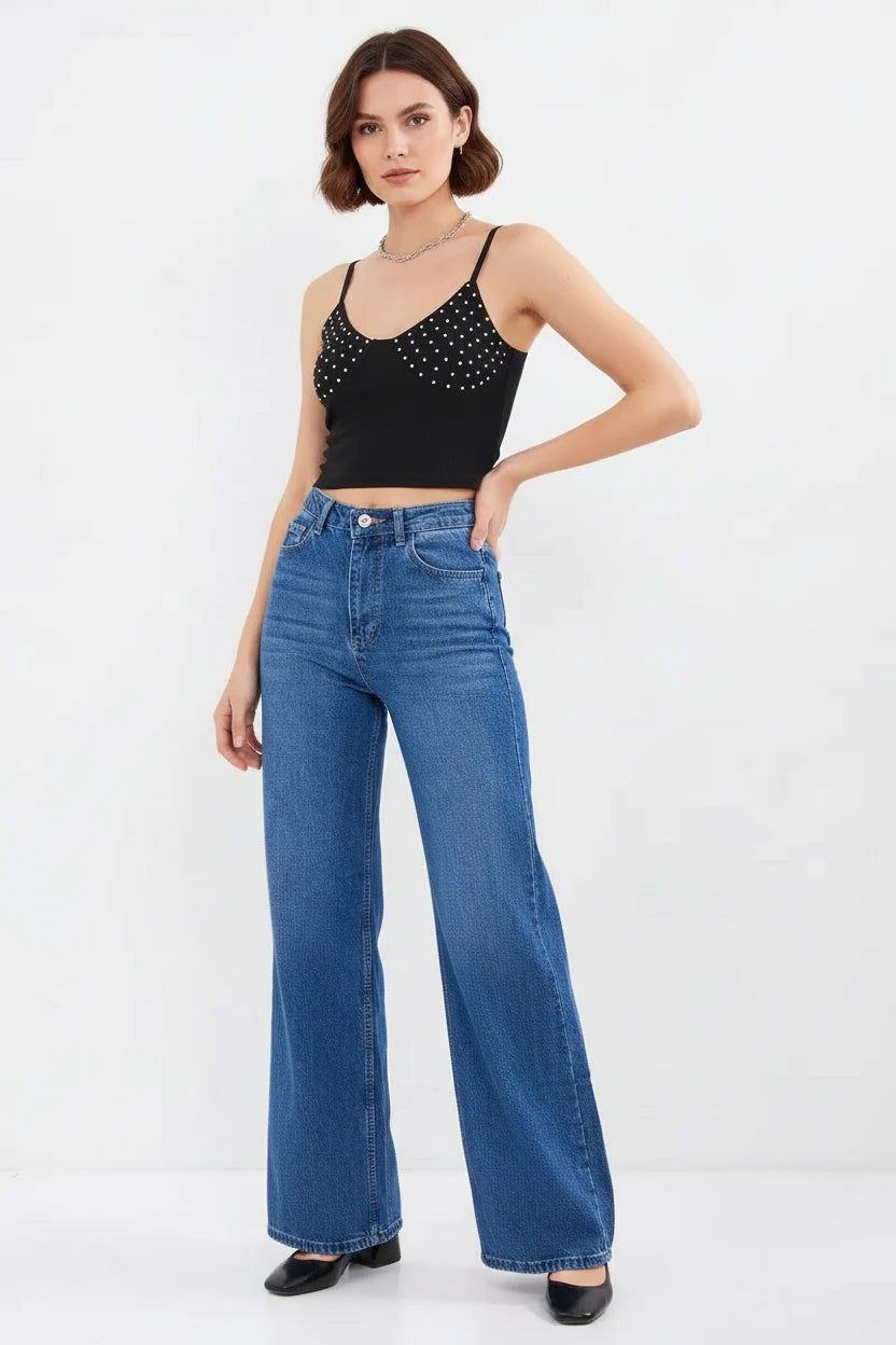 Kadın Askılı Noktalı Desen Pamuklu Siyah Crop Top