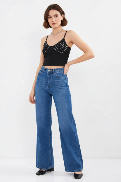 Kadın Askılı Noktalı Desen Pamuklu Siyah Crop Top