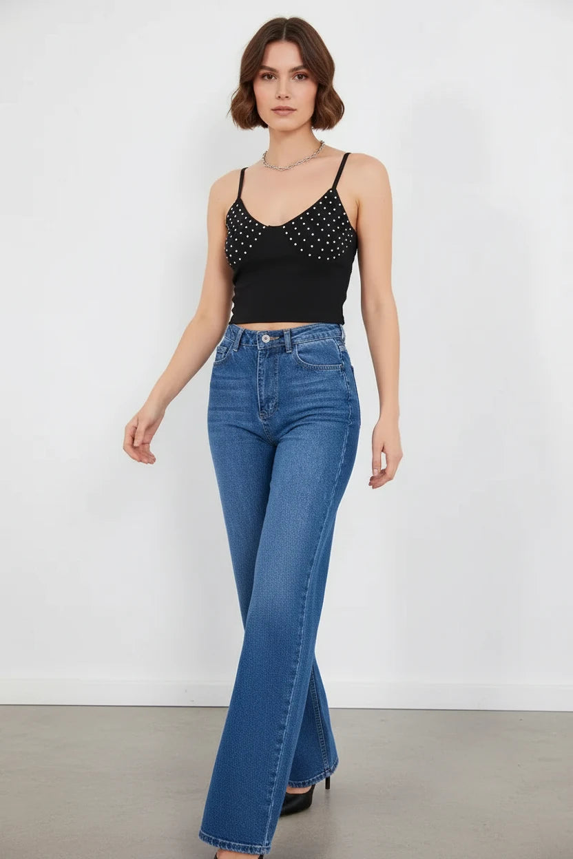 Kadın Askılı Noktalı Desen Pamuklu Siyah Crop Top