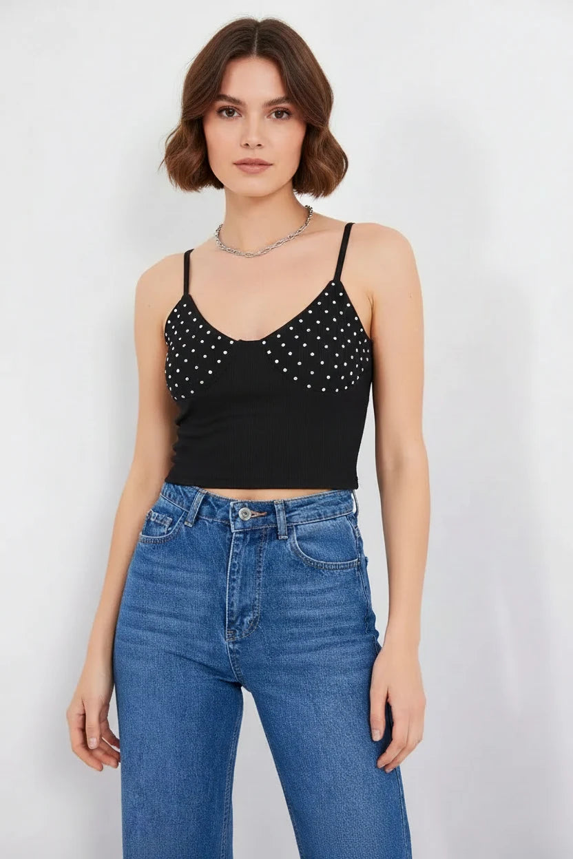 Kadın Askılı Noktalı Desen Pamuklu Siyah Crop Top