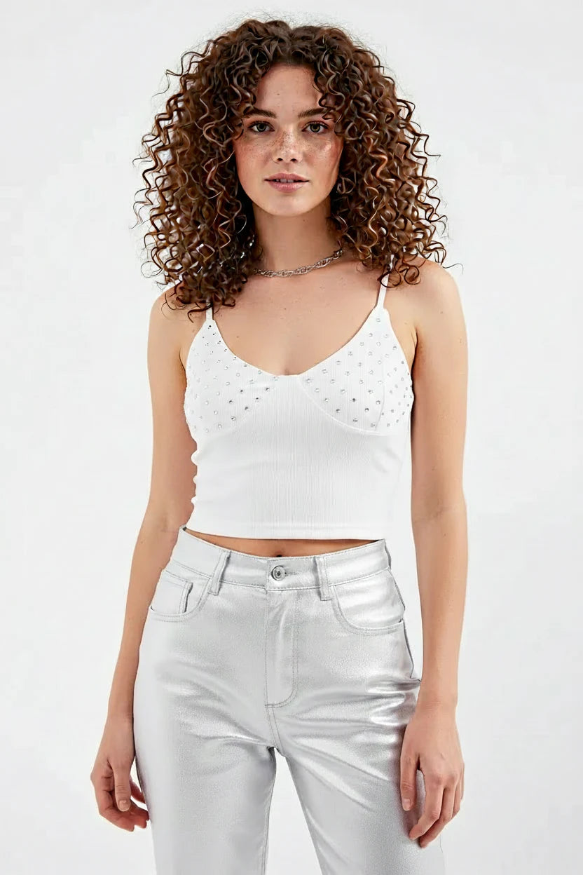 Kadın Askılı Taşlı Pamuklu Beyaz Crop Top
