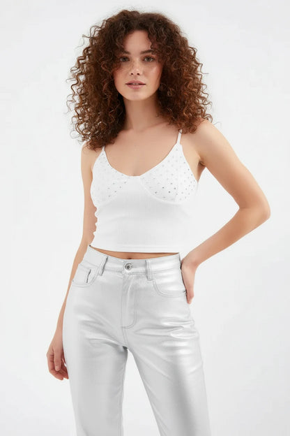 Kadın Askılı Taşlı Pamuklu Beyaz Crop Top