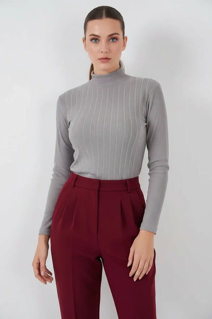Kadın Balıkçı Yaka Dikey Çizgili Gri Body