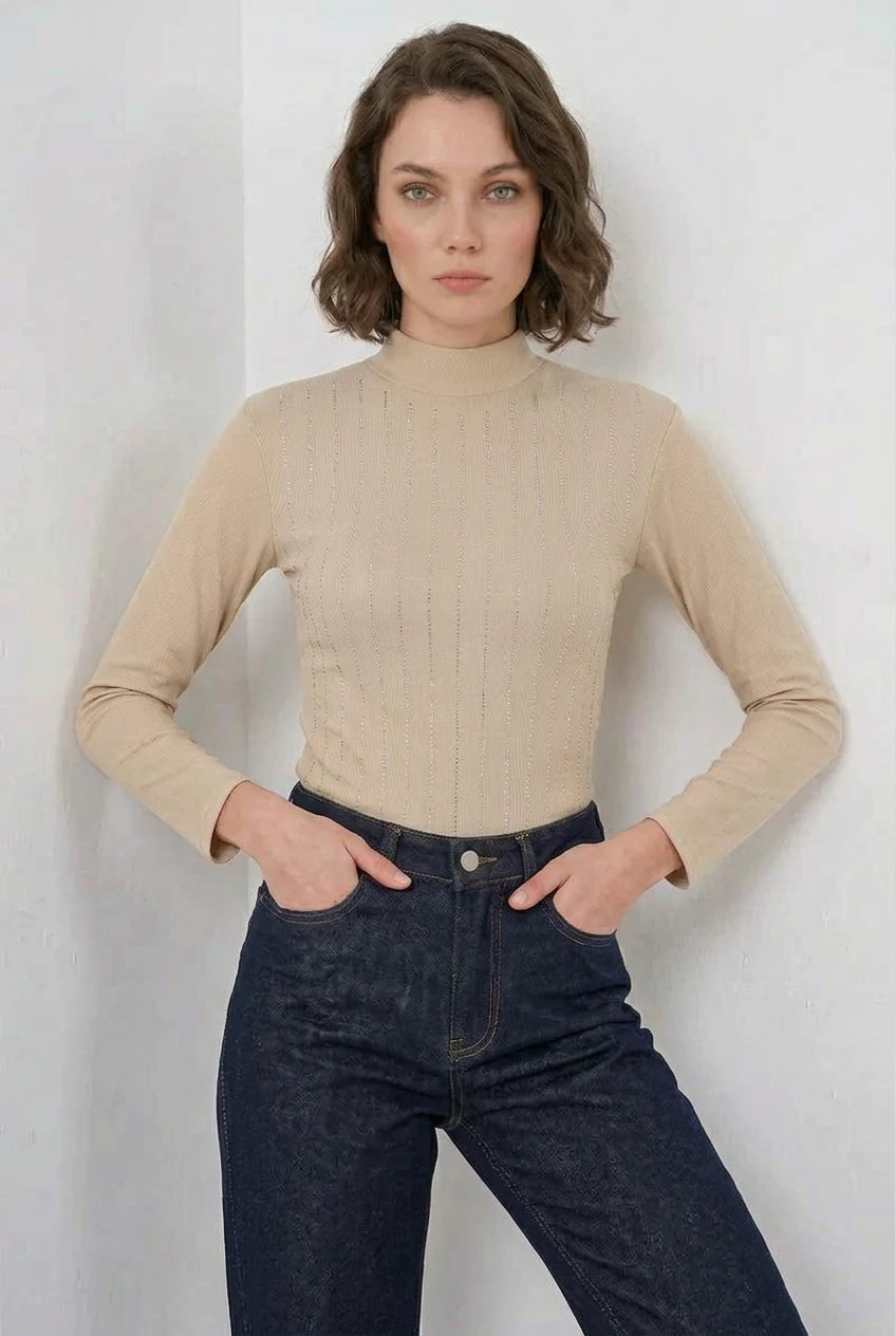 Kadın Balıkçı Yaka Taş Detaylı Dikey Çizgili Bisküvi Body