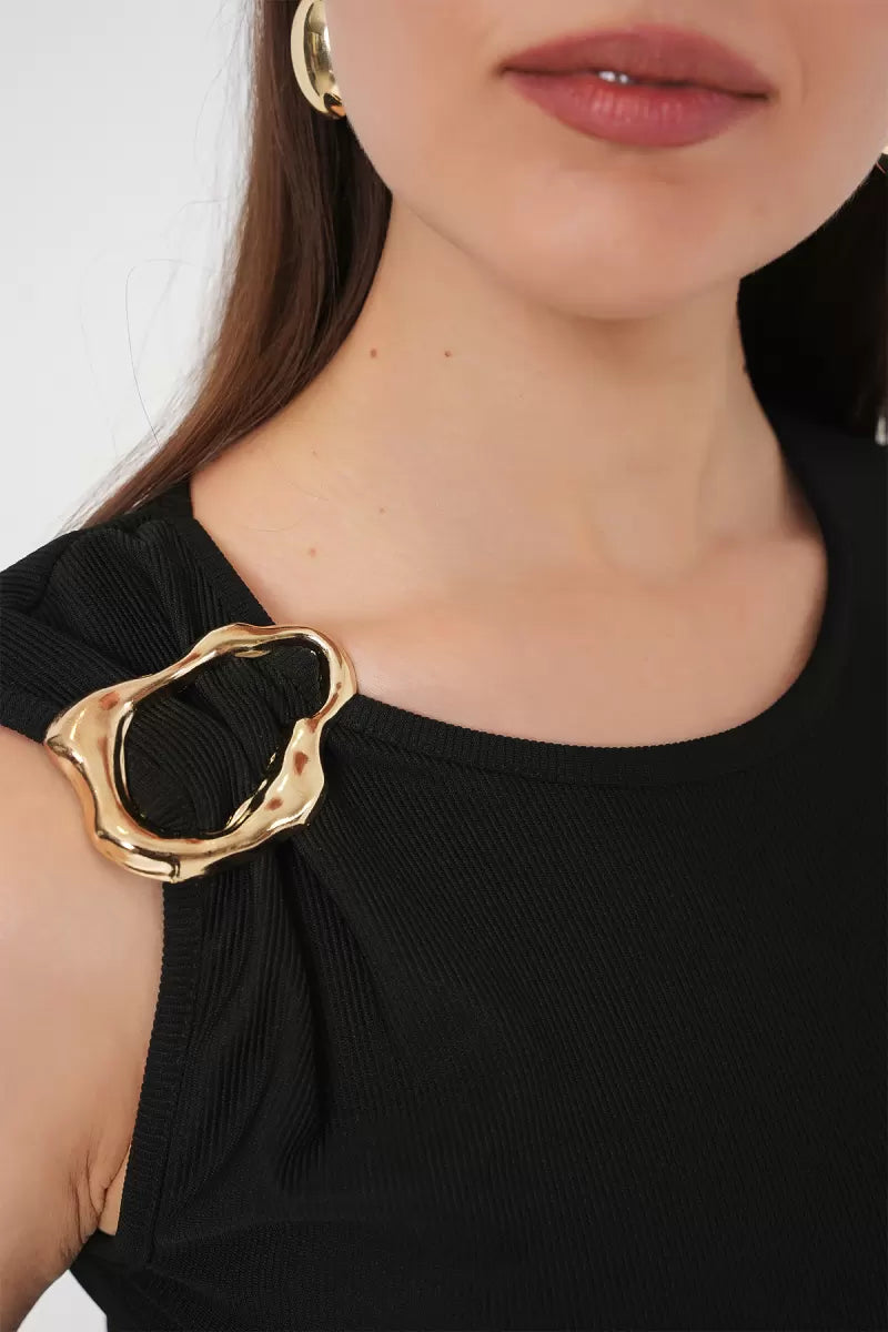 Kadın V Yaka Düz Kesim Basic Siyah Bluz
