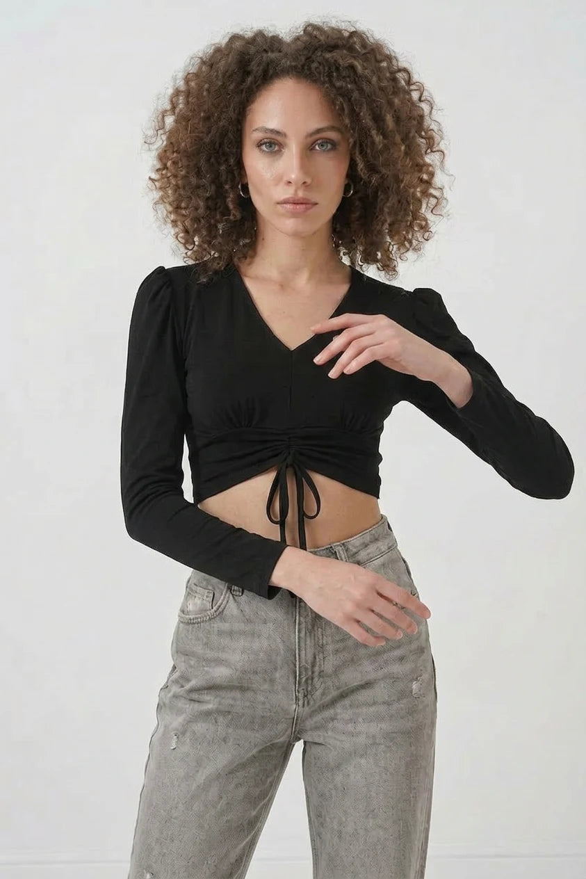 Kadın V Yaka Crop Büzgülü Uzun Kol Siyah Bluz