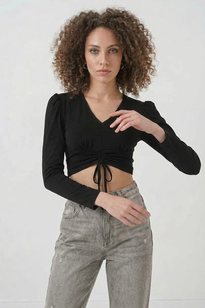 Kadın V Yaka Crop Büzgülü Uzun Kol Siyah Bluz