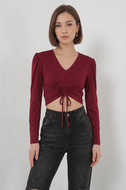 Kadın V Yaka Beli Büzgülü Kısa Boy Bordo Bluz