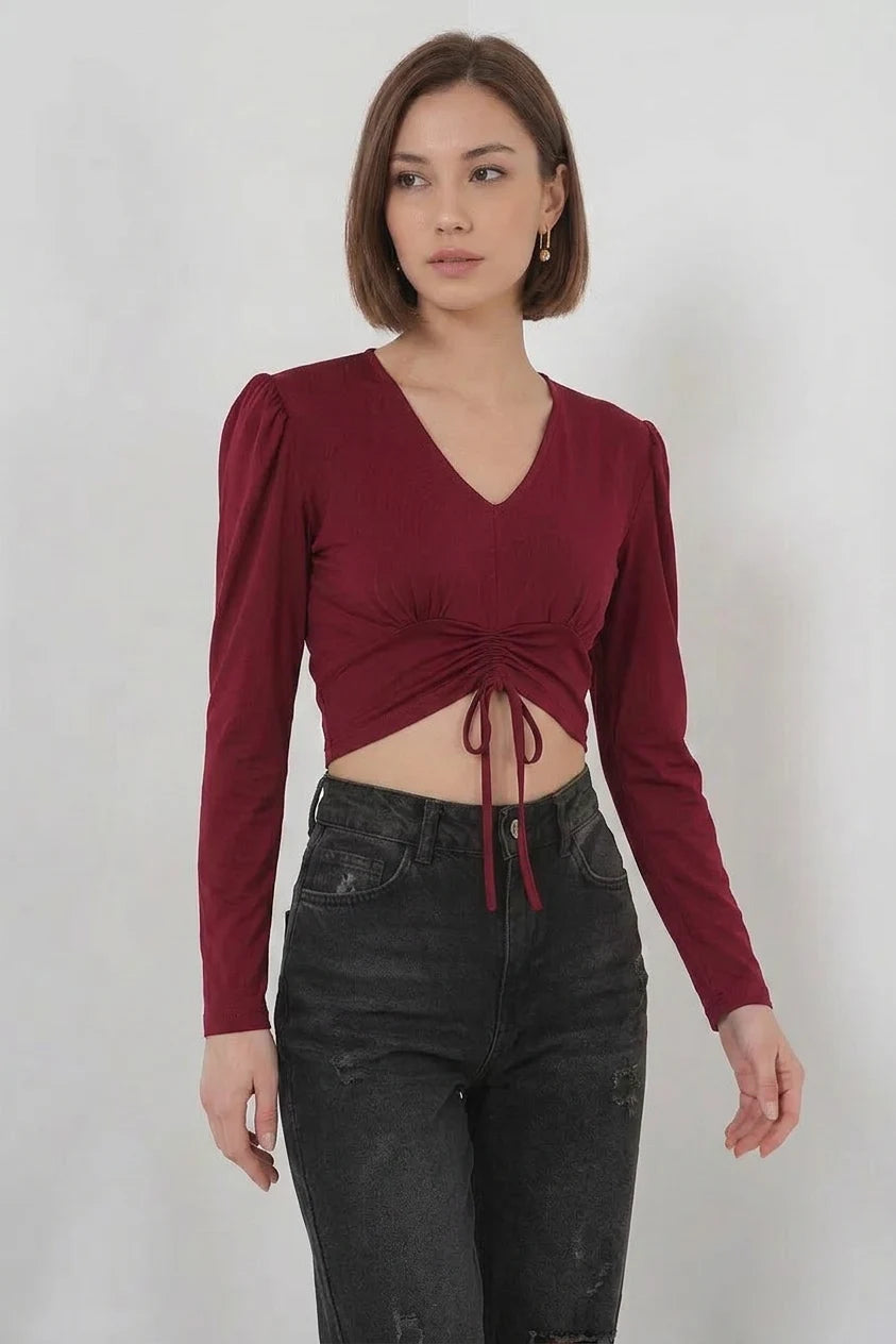 Kadın V Yaka Beli Büzgülü Kısa Boy Bordo Bluz