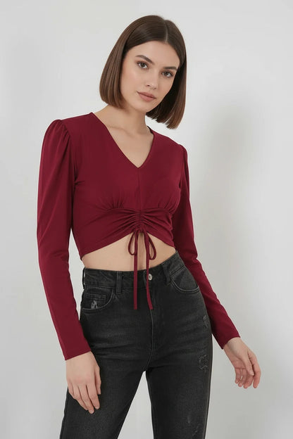 Kadın V Yaka Beli Büzgülü Kısa Boy Bordo Bluz