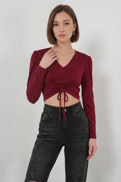 Kadın V Yaka Beli Büzgülü Kısa Boy Bordo Bluz