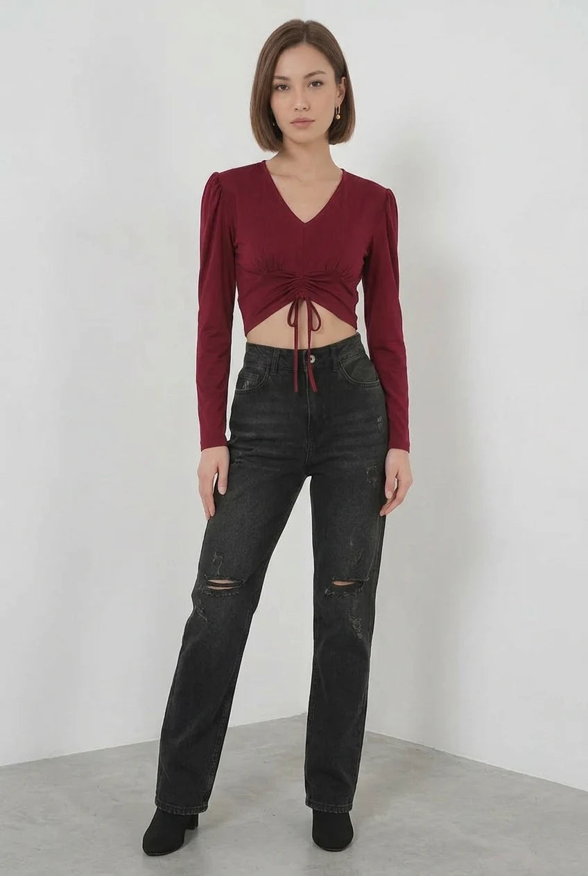 Kadın V Yaka Beli Büzgülü Kısa Boy Bordo Bluz