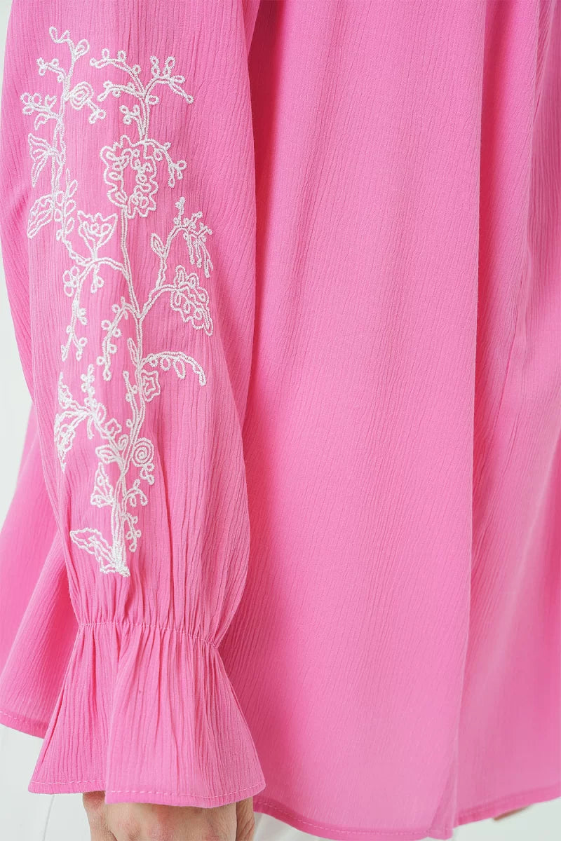 Kadın Bagcıklı Nakışlı Kol Pembe Bluz