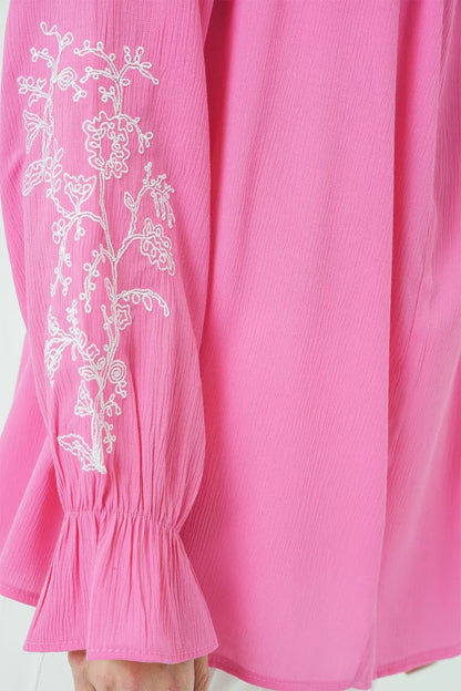 Kadın Bagcıklı Nakışlı Kol Pembe Bluz