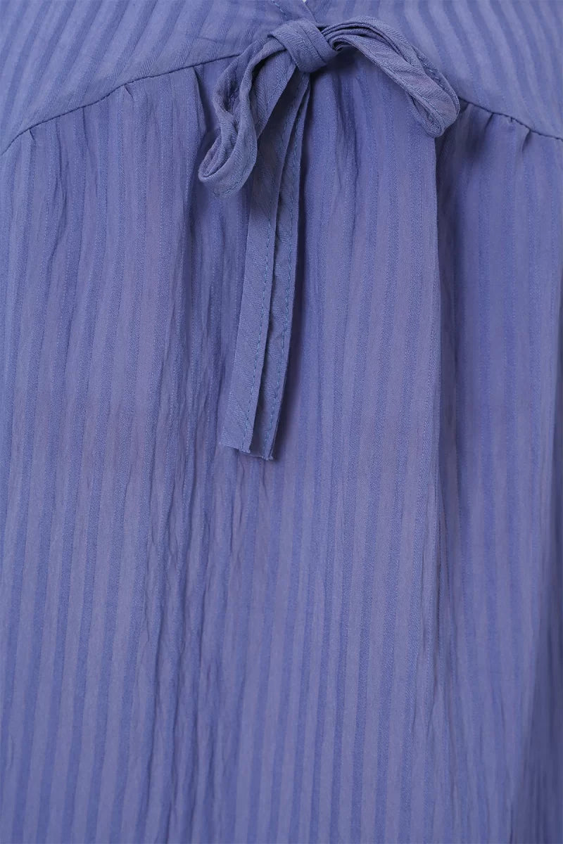 Kadın V Yaka Uzun Kol Dikey Çizgili Kumaş Viskon İndigo Bluz