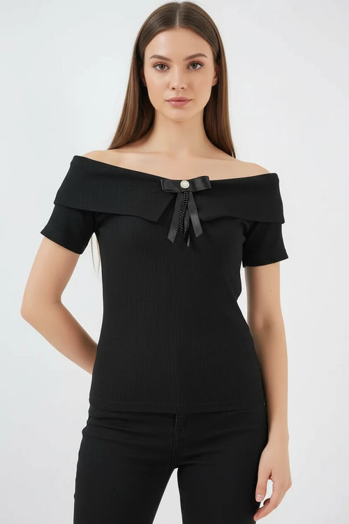 Kadın Off Shoulder Kurdele Detaylı Siyah Bluz