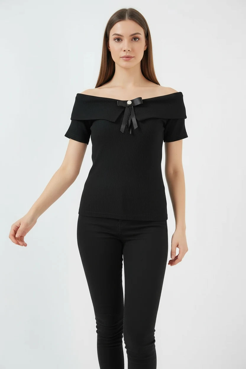 Kadın Off Shoulder Kurdele Detaylı Siyah Bluz