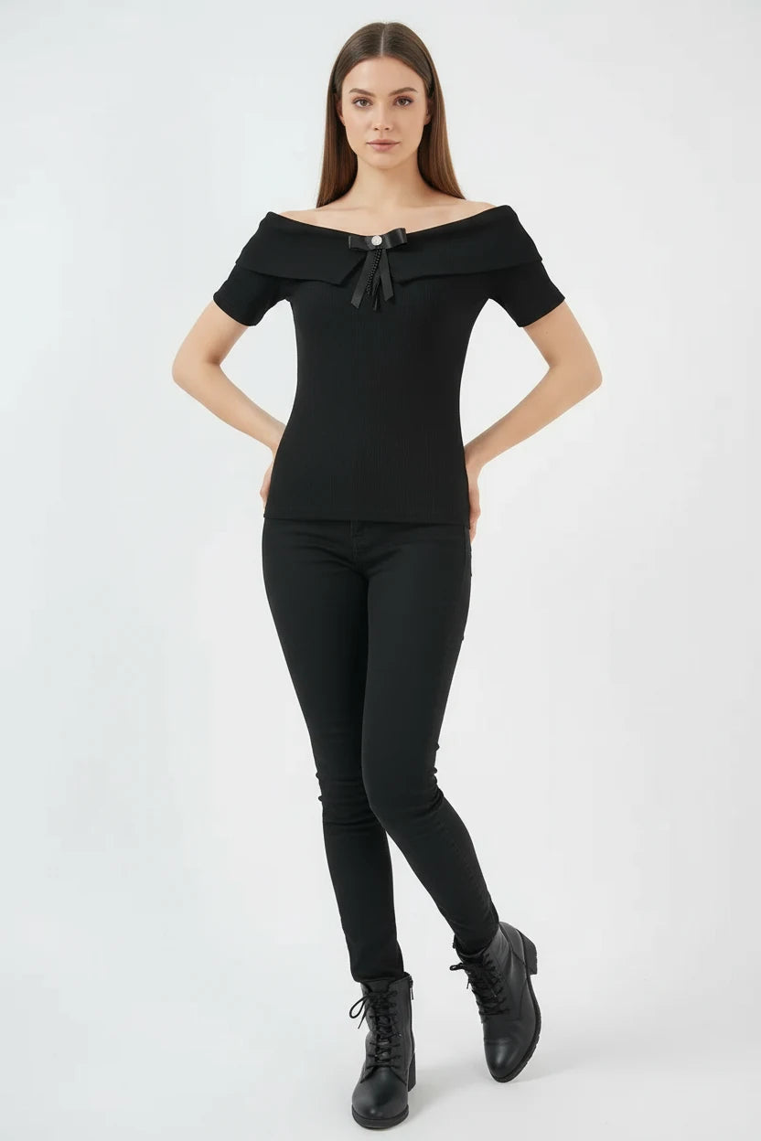 Kadın Off Shoulder Kurdele Detaylı Siyah Bluz