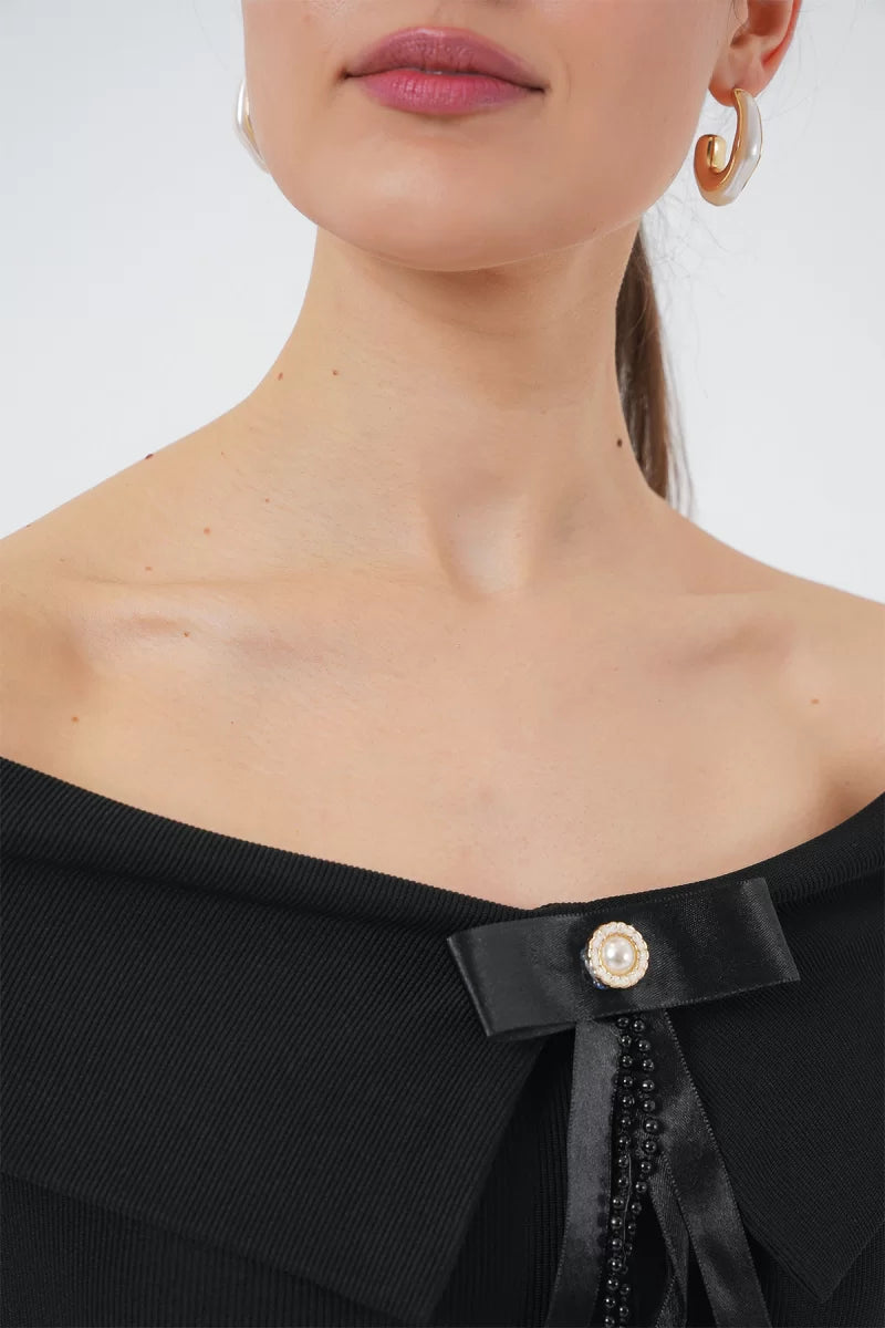 Kadın Off Shoulder Kurdele Detaylı Siyah Bluz