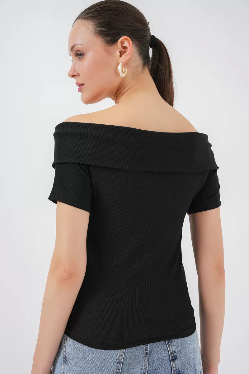 Kadın Off Shoulder Kurdele Detaylı Siyah Bluz