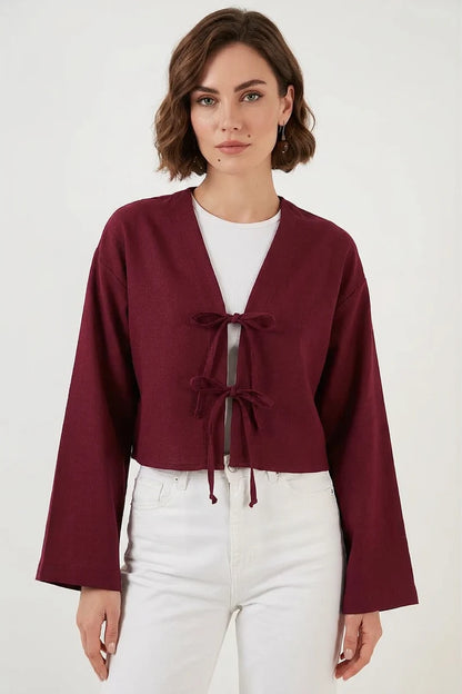 Kadın V Yaka Önü Bağlamalı Keten Bordo Kimono