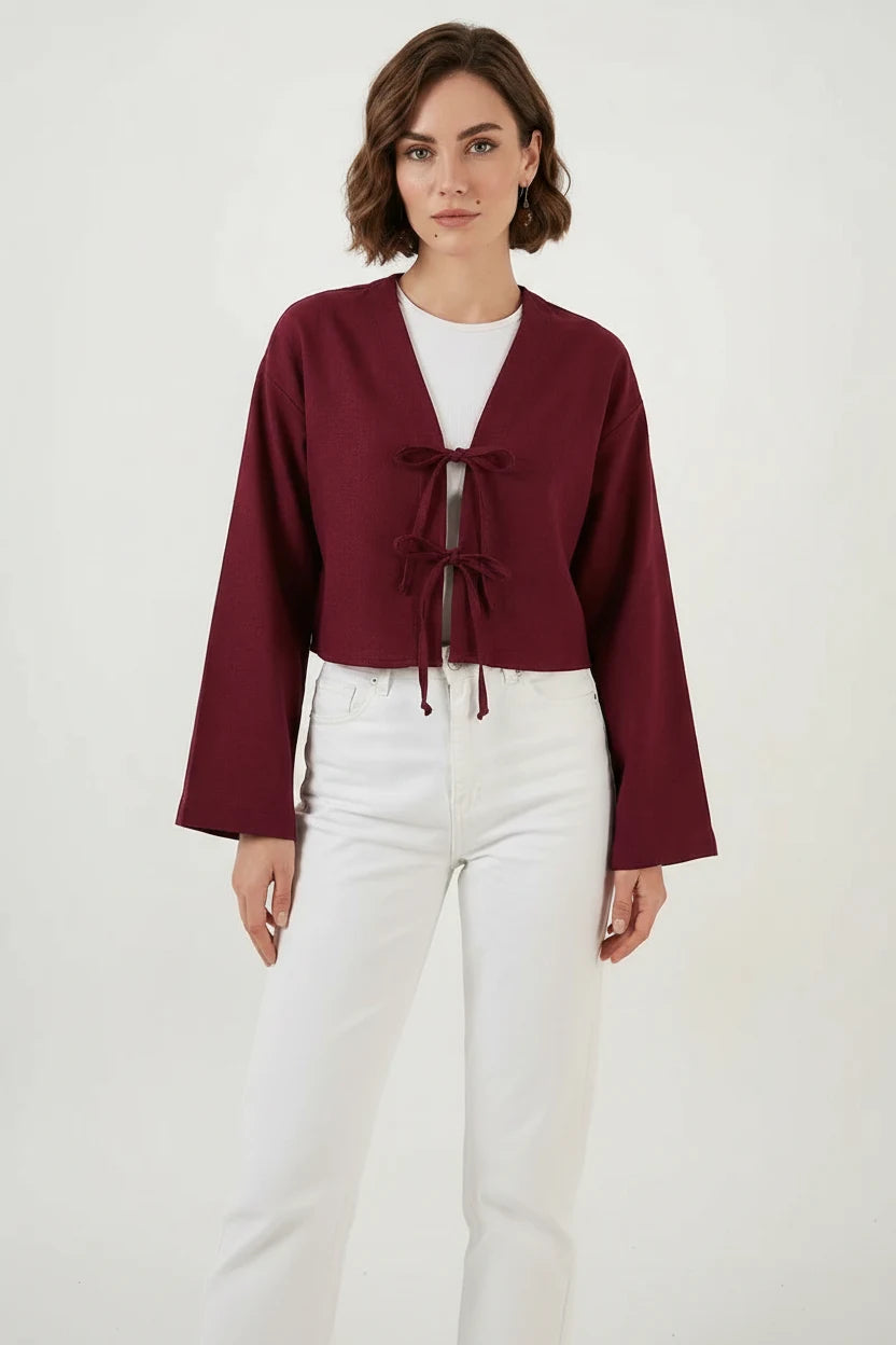 Kadın V Yaka Önü Bağlamalı Keten Bordo Kimono