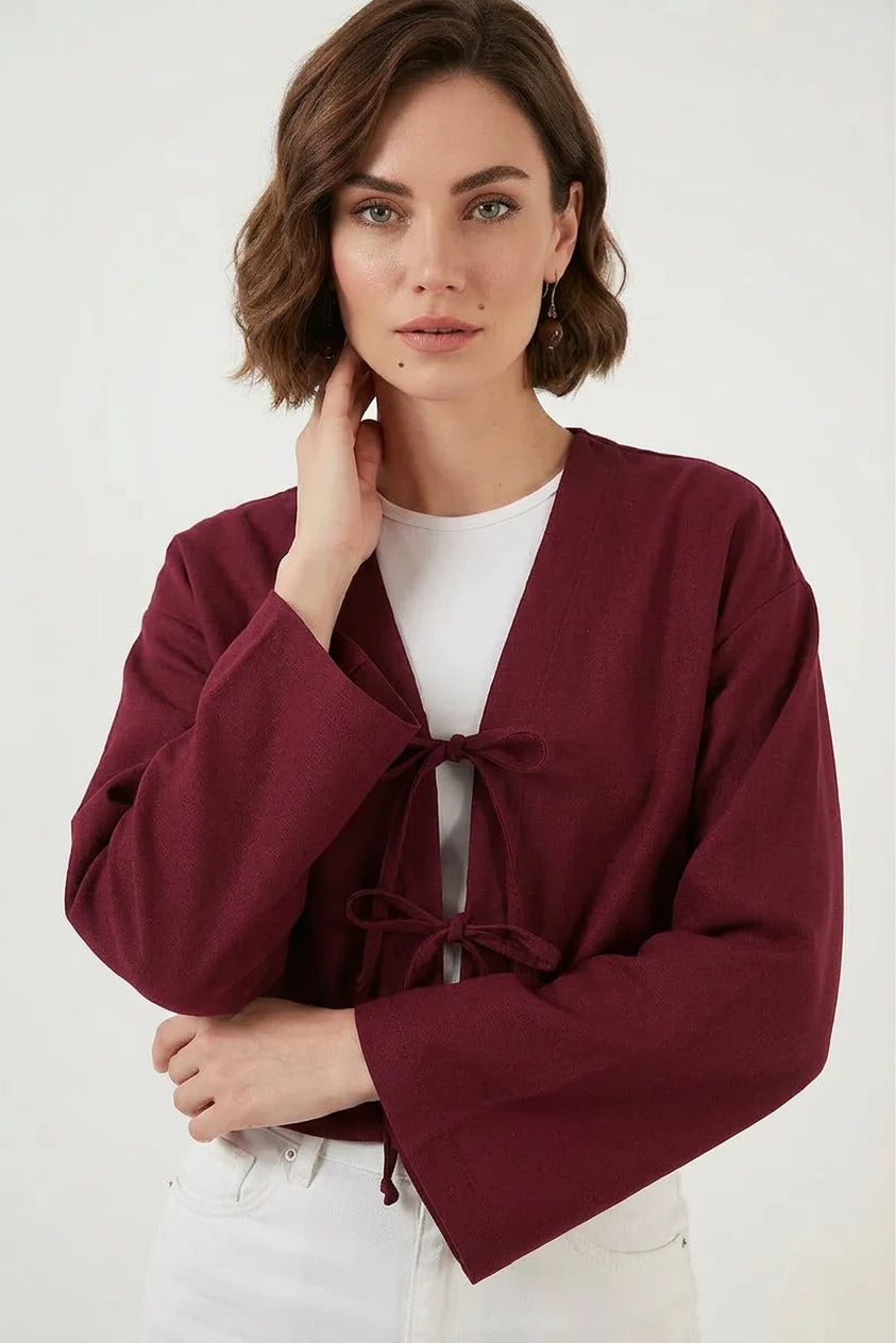 Kadın V Yaka Önü Bağlamalı Keten Bordo Kimono