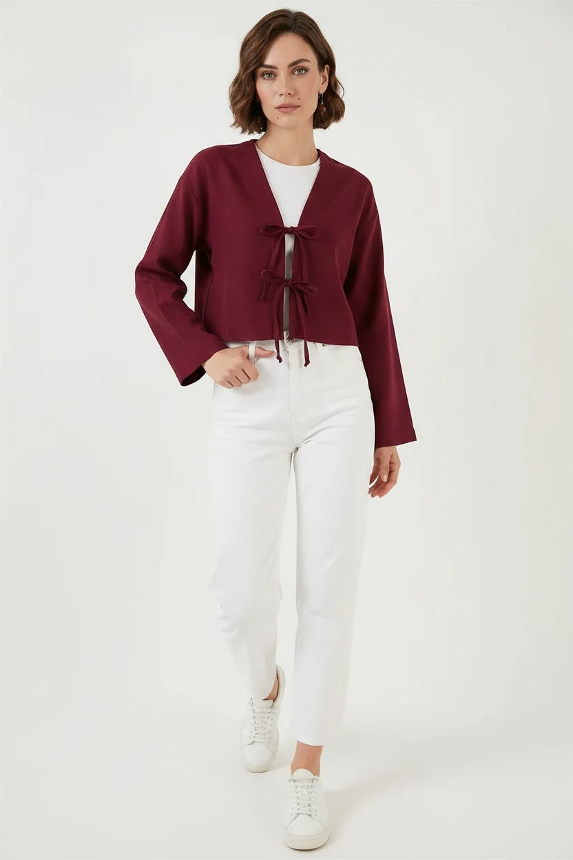 Kadın V Yaka Önü Bağlamalı Keten Bordo Kimono