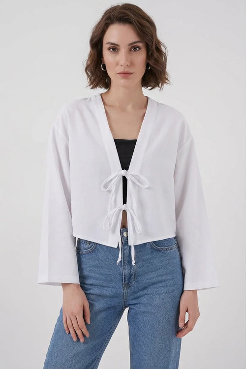 Kadın V Yaka Önden Bağlamalı Önü Viskon Beyaz Kimono