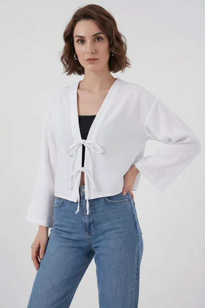 Kadın V Yaka Önden Bağlamalı Önü Viskon Beyaz Kimono