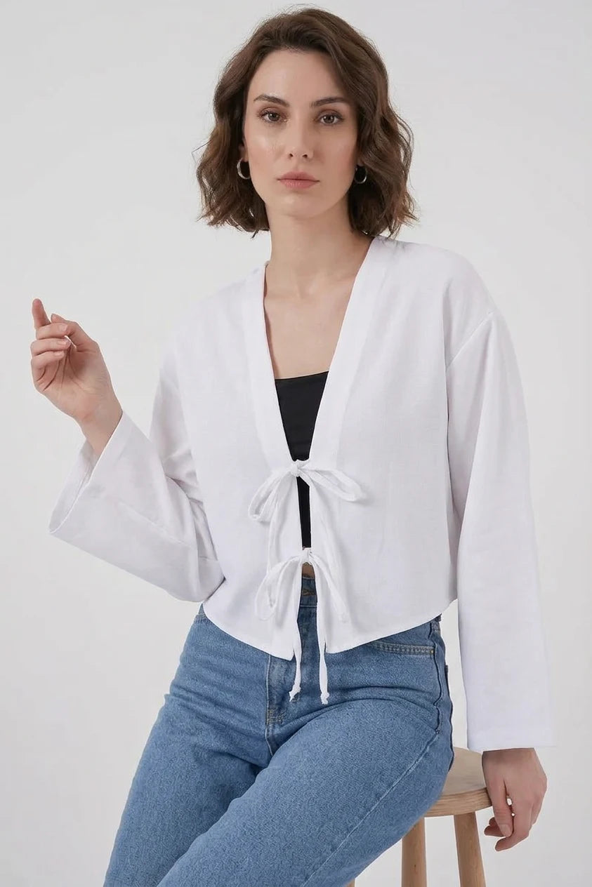 Kadın V Yaka Önden Bağlamalı Önü Viskon Beyaz Kimono