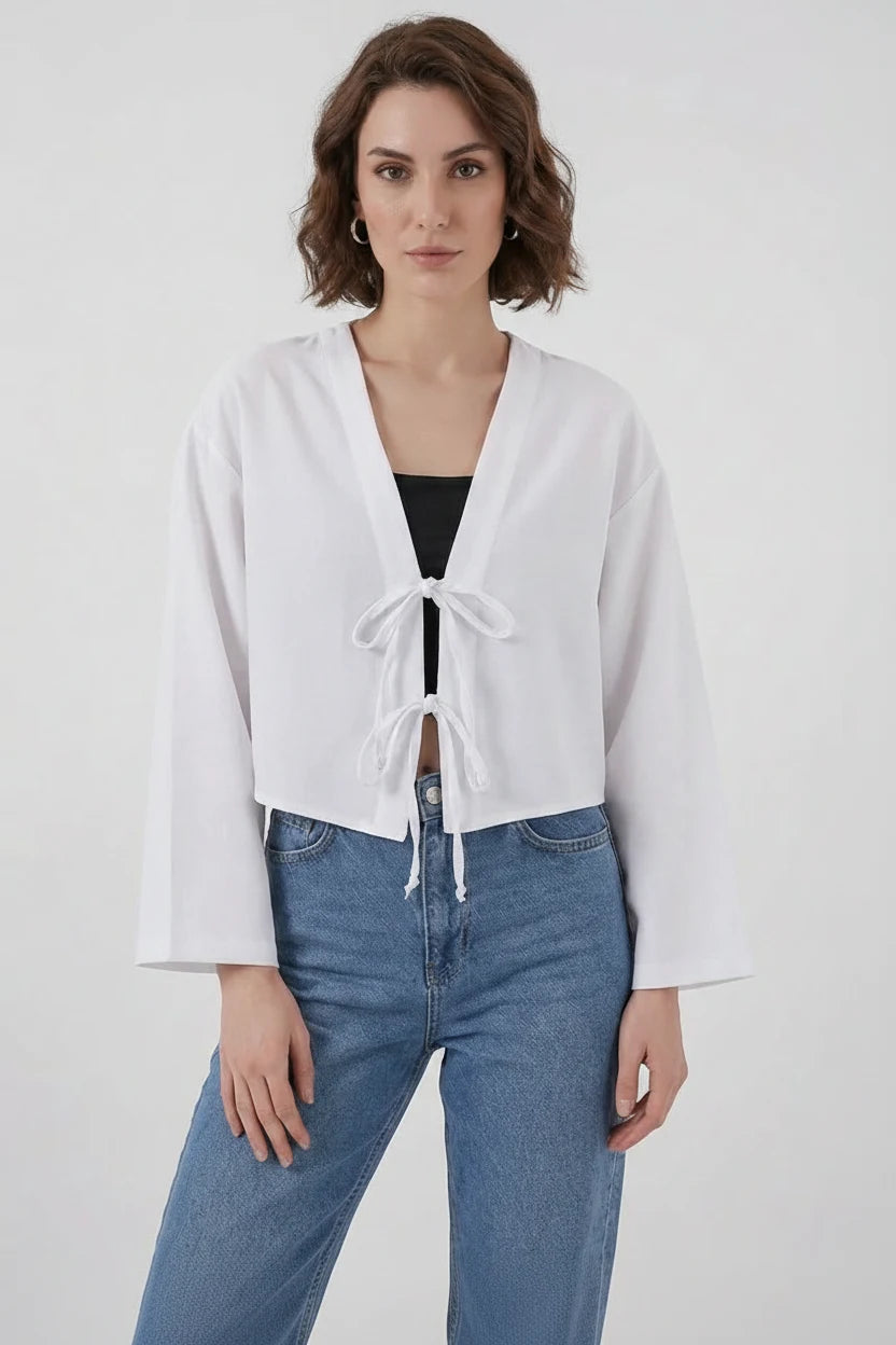 Kadın V Yaka Önden Bağlamalı Önü Viskon Beyaz Kimono