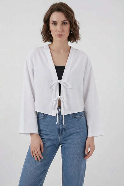 Kadın V Yaka Önden Bağlamalı Önü Viskon Beyaz Kimono