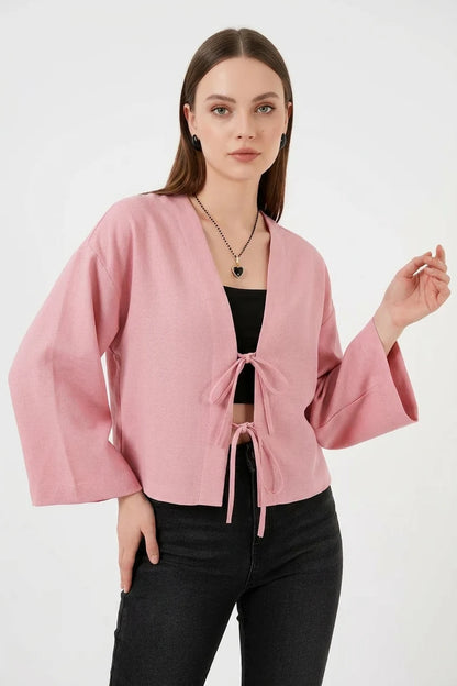 Kadın V Yaka Önden Bağlamalı Önü Keten Pudra Kimono