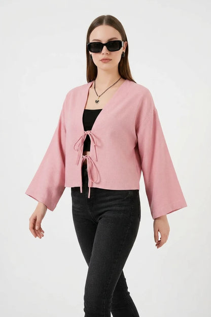 Kadın V Yaka Önden Bağlamalı Önü Keten Pudra Kimono