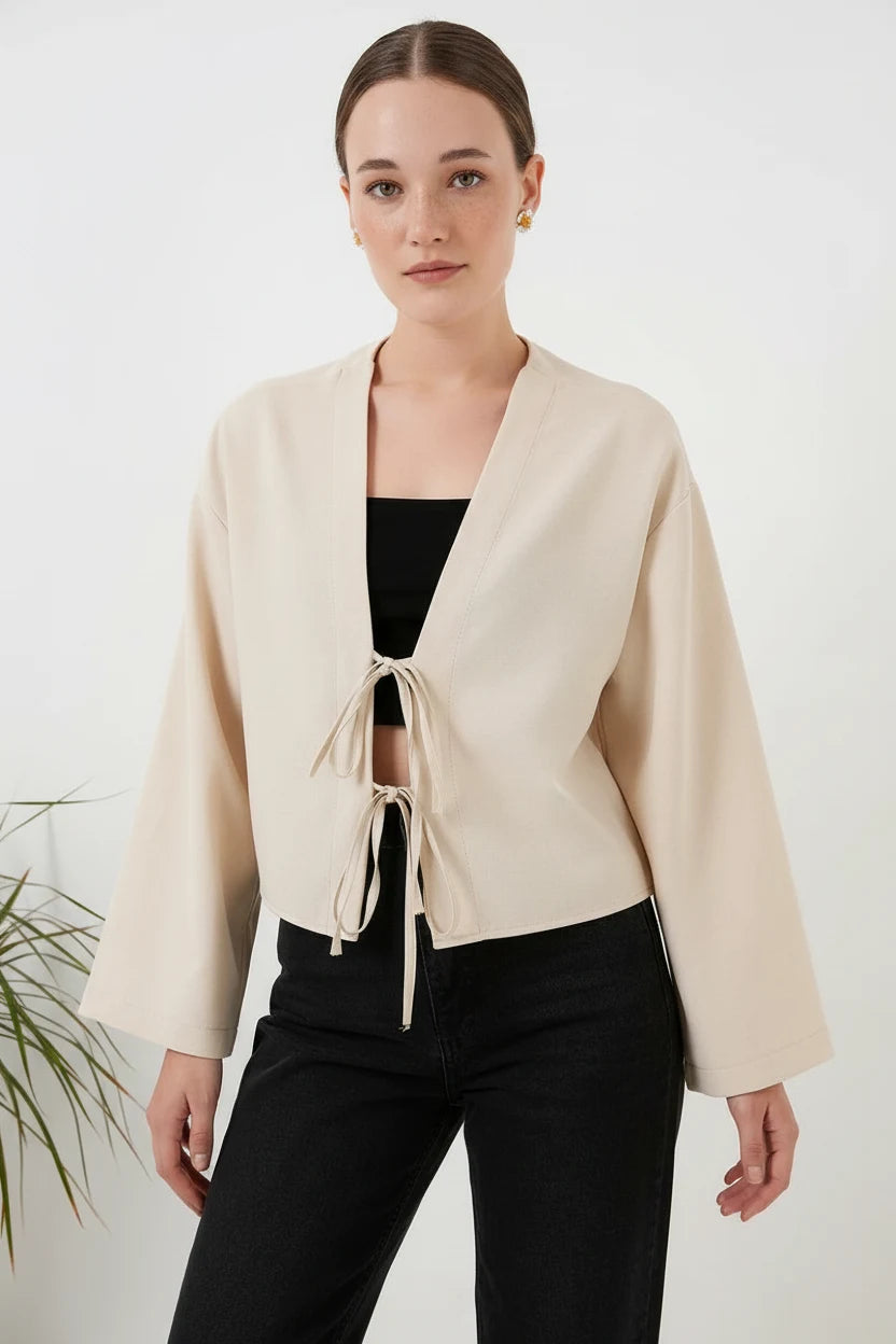 Kadın Yaka Önden Bağlamalı Önü Keten Krem Kimono